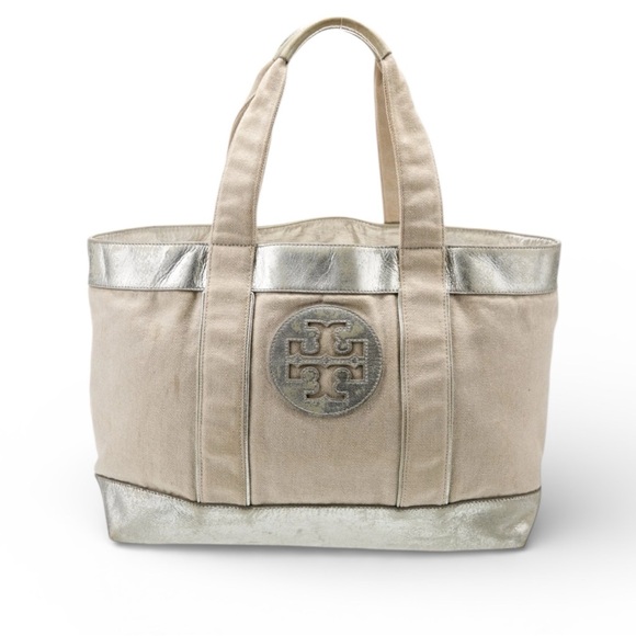 Tory Burch Handbags - Tory Burch Beige Canvas Tote with Silver Trim